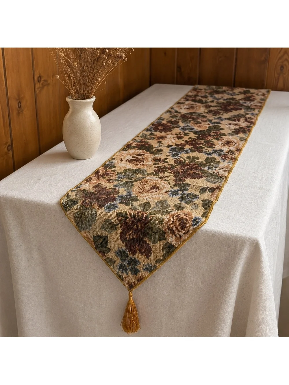 Vintage Floral Tapestry Table Runner 50 Inch Rose Jacquard Tassels